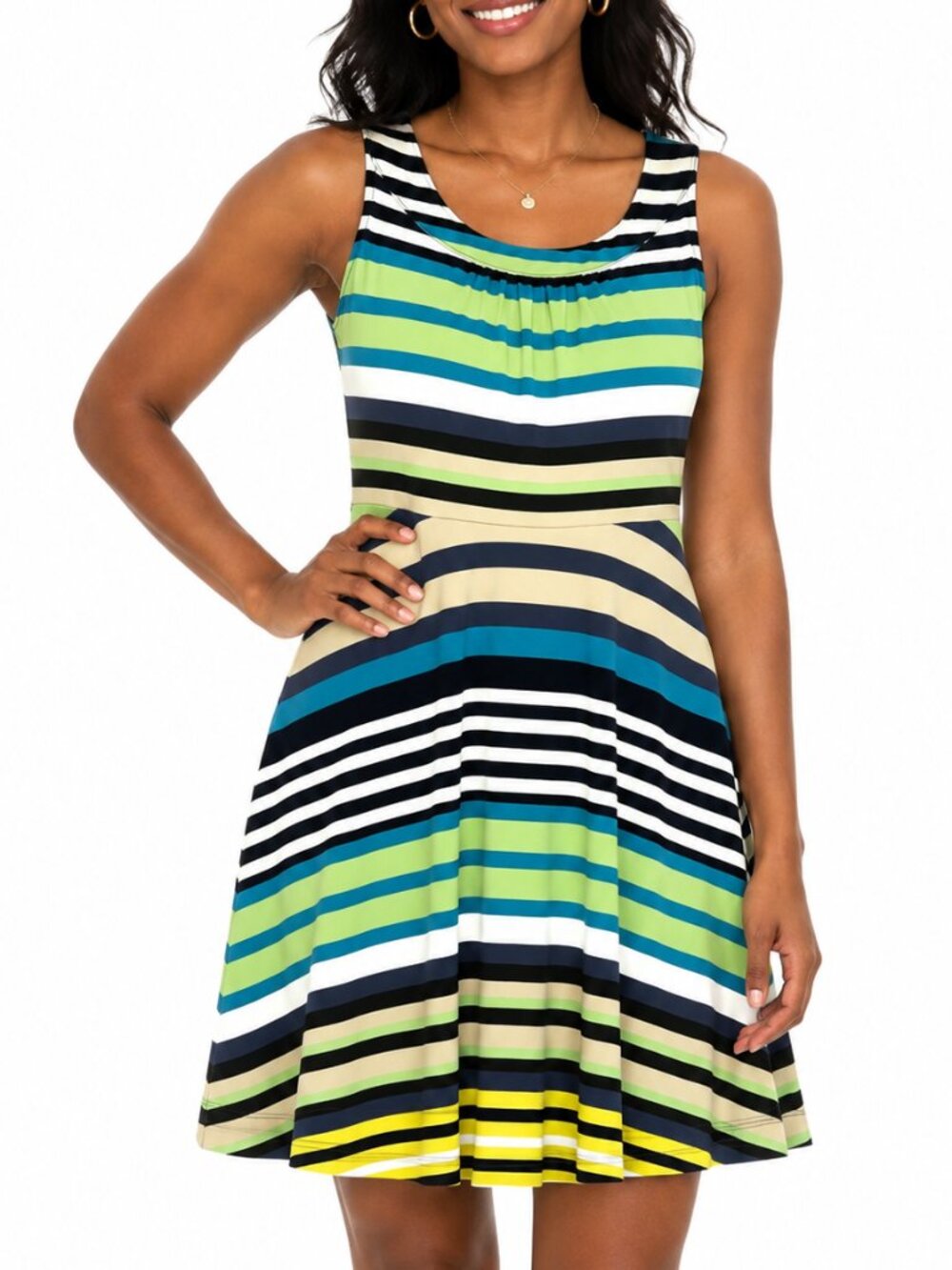 Banana Republic Striped Sleeveless A-Line Dress in Yellow, Green, Blue, Black